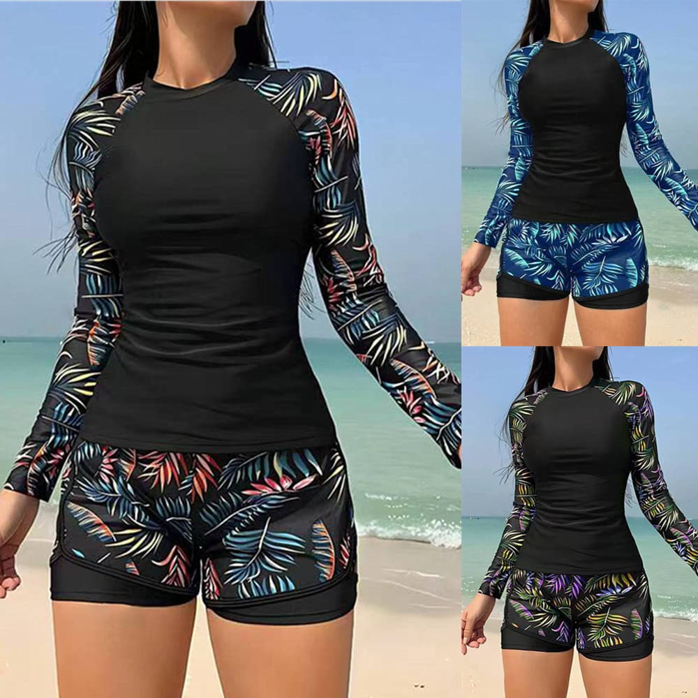 Conjunto De Maiô Feminino Com Estampa De Folhas , Top De Manga Comprida Gola Redonda E Shorts De Cintura Alta , Perfeito