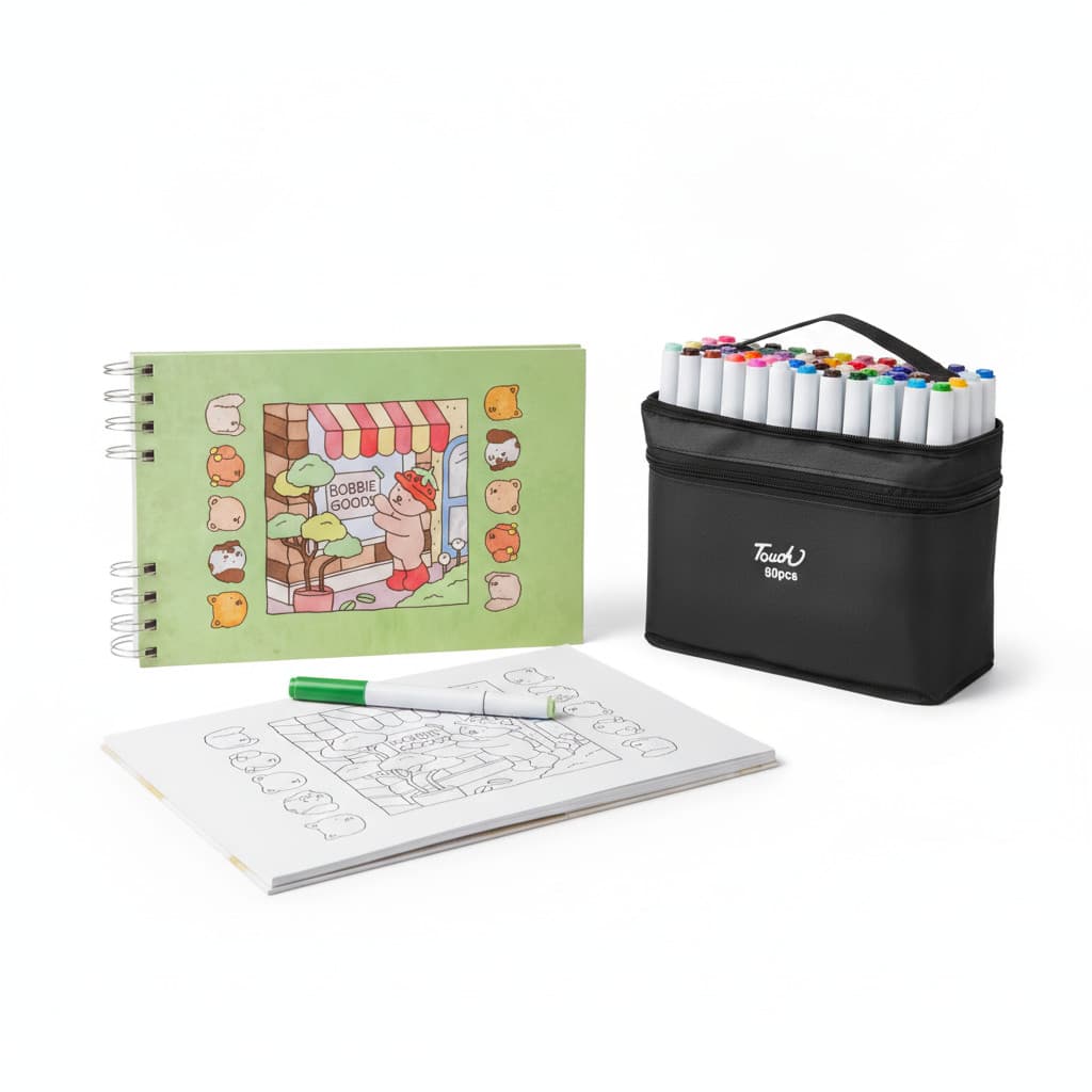 Conjunto Criativo Infantil Urso Bob Verde | Livro de Colorir 55 Páginas + Estojo 80 Canetas Esc