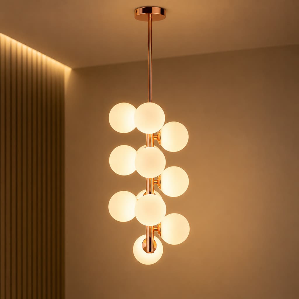 Pendente Jabuticaba 12 Globos Vidro Fosco Lustre Moderno Dourado Rosé G9 Sala de Jantar Bivolt