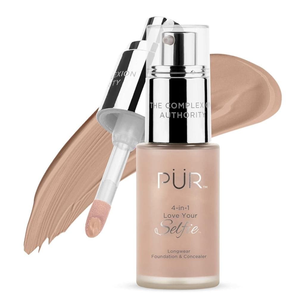PÜR MINERALS 4-em-1 Love Your Selfie Base e Corretivo de Longa Duração, Base Líquida de Cobertura Total, Fórmula Hidrata