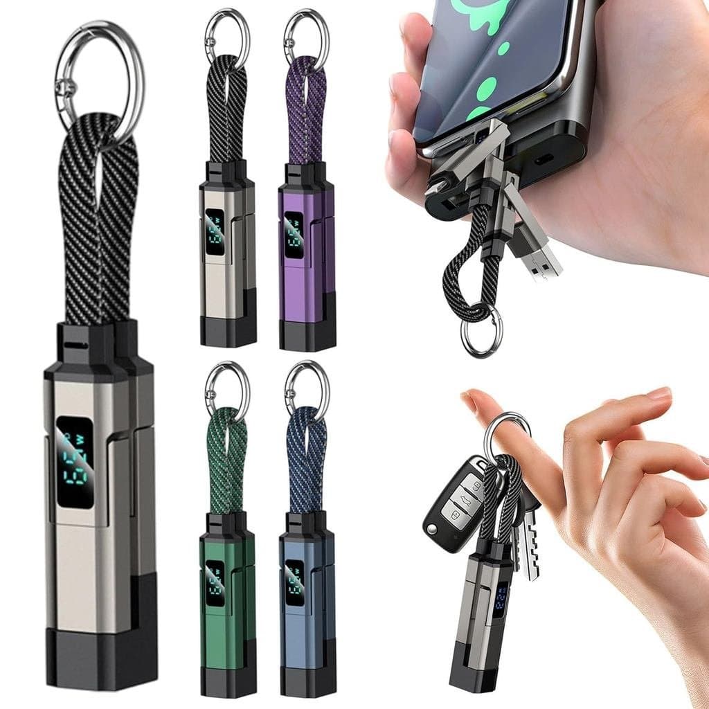 Cabo Carregador 4 em 1 para Chaveiro, Carregamento Rápido de 65W, Cordão Trançado Curto, Multi-Interface (USB-A/USB-C//T