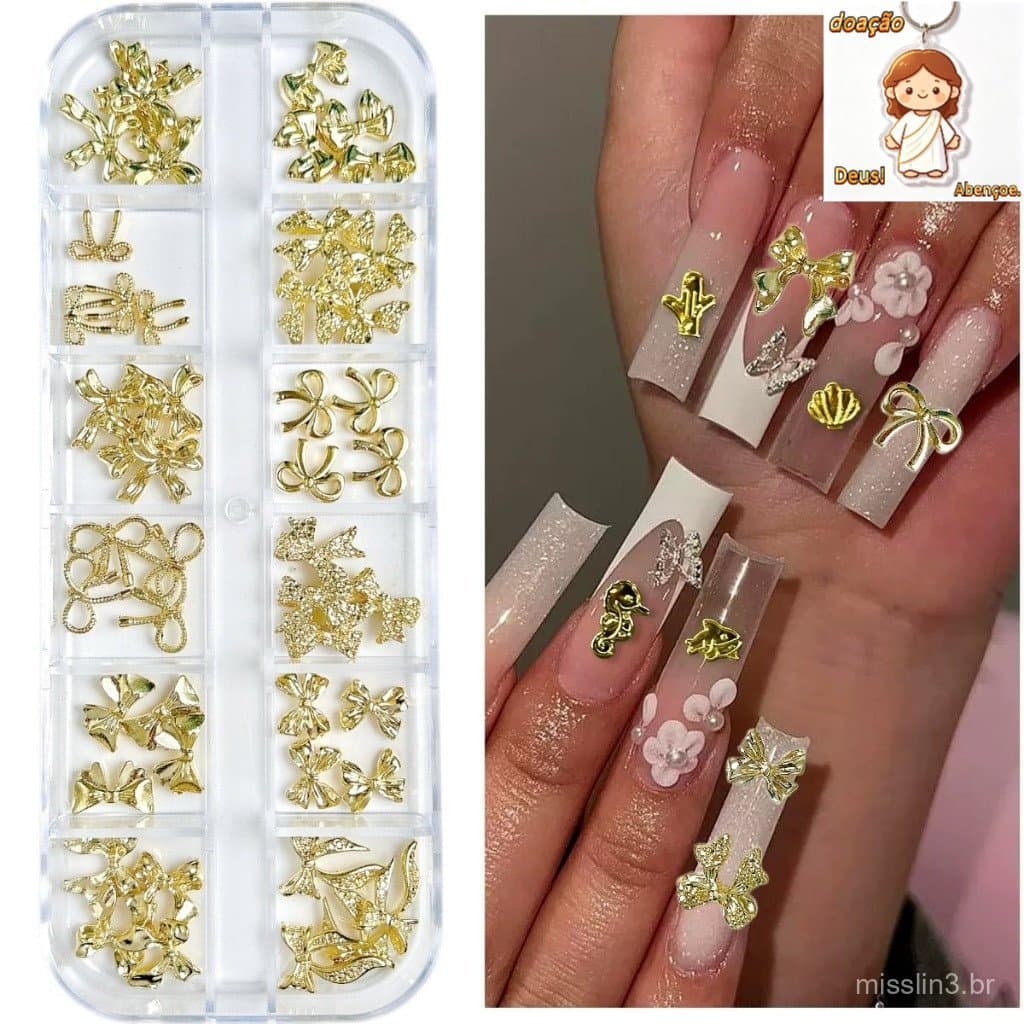 Caixa de 12 Grades Decorações de unhas com laço dourado decorações de unhas com lantejoulas metálicas