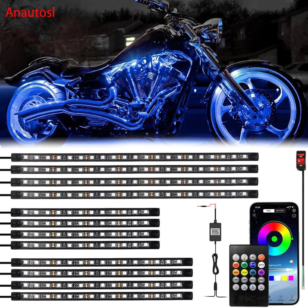 8/12pcs RGB LED Motocicleta Underglow Luz De Tira Ambiente Carro Atmosférica Multicolorida Flexível 12V App Lâmpada Deco