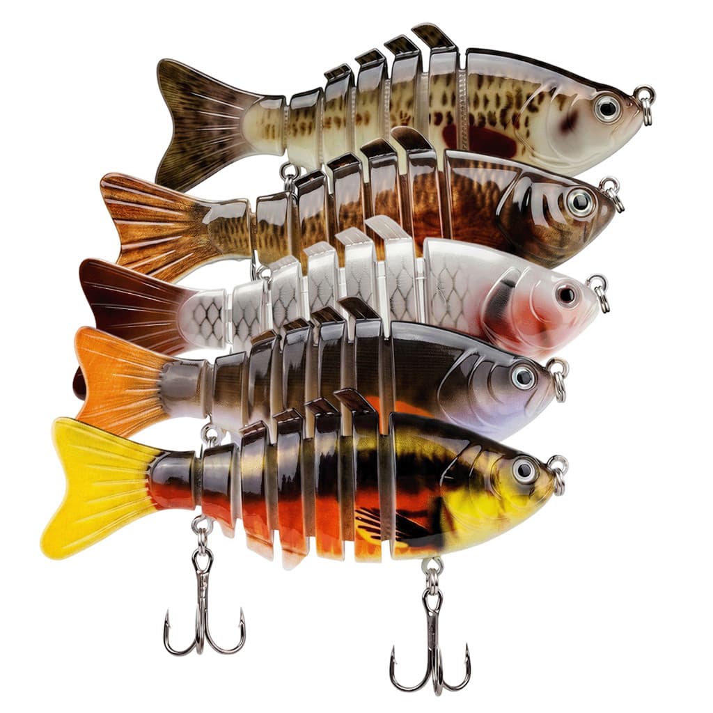 Kit 5 Isca Artificial Articulada de Pesca 9,5cm Isca Multi-articulada com Anzóis Triplos, Para Pesca em Rio, Lago e Mar