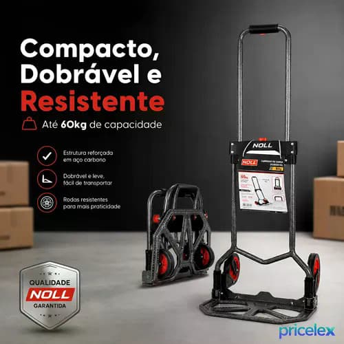 Carrinho Carga Dobrável Profissional Rodas 60kg Aço Compacto Cinza