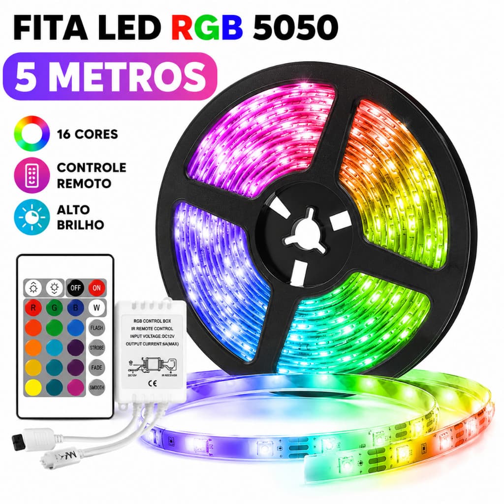 Fita LED 5050 SUPER LED ULTRA RGB 5M 12V 300 LEDS FITA + CONTROLE + COM OU SEM FONTE | 16 CORES IP65 Pronta Entrega