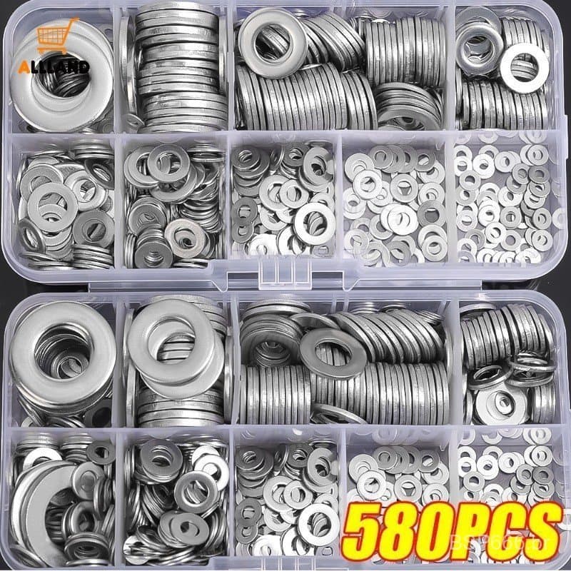 580 peças de arruela de aço inoxidável-M2 M2.5 M3 M4 M5 M6 M8 M10 arruela plana-Kit de parafuso de anel de Metal Univ OD
