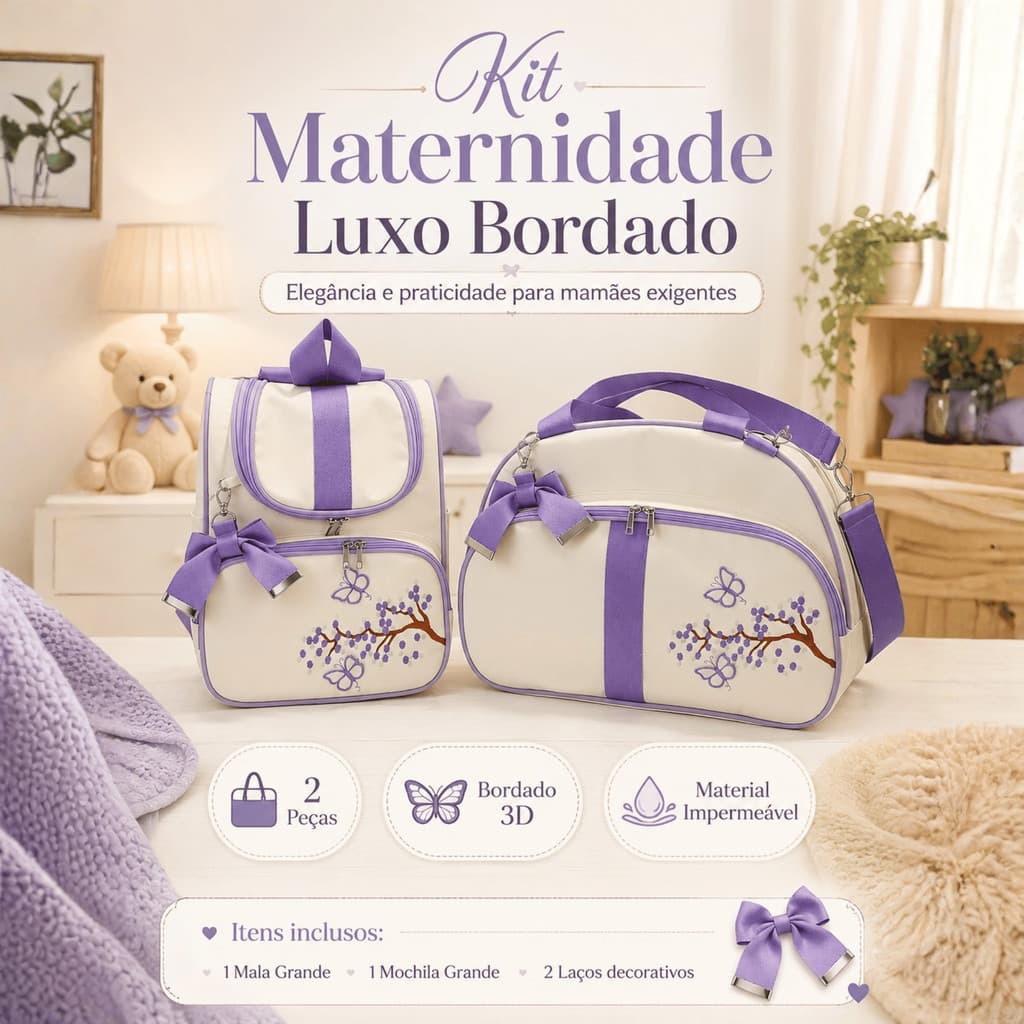 Kit Mala Maternidade Lilás Bolsa Bebê Menina Mochila Grande Luxo Bordada Borboletas 3D Impermeável Analu Baby