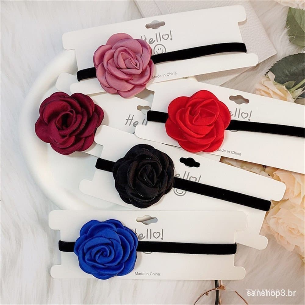 Elegante Colar de Veludo Curto para Clavícula Corrente Rosa Joias Vintage de Casamento para Mulheres