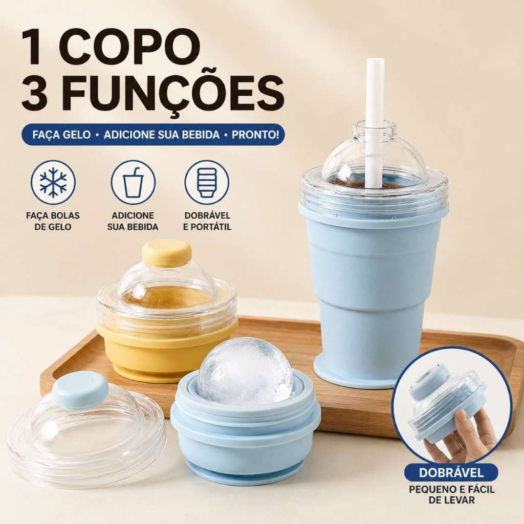 Forma de gelo dobrável em silicone com tampa copo térmico para bebidas geladas