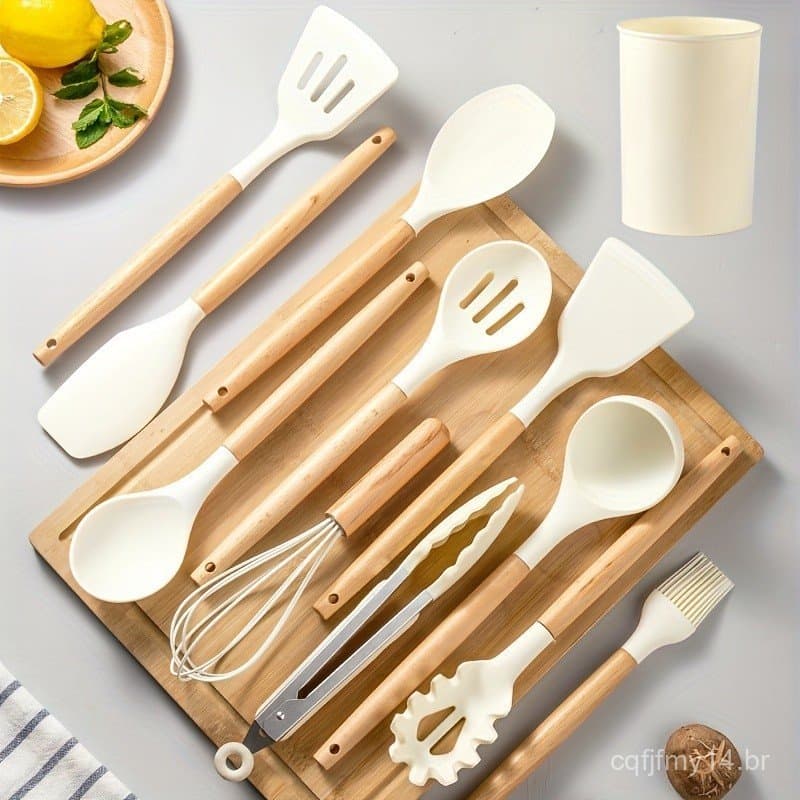 Conjunto de 12 peças de utensílios de cozinha de silicone com cabo de madeira, espátula de silicone resistente ao calor,