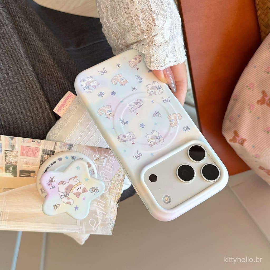 Capa de filme macio adequada para iPhone 17 Pro, iPhone 16 com suporte magnético de gato floral, estilo fresco 17, 15.