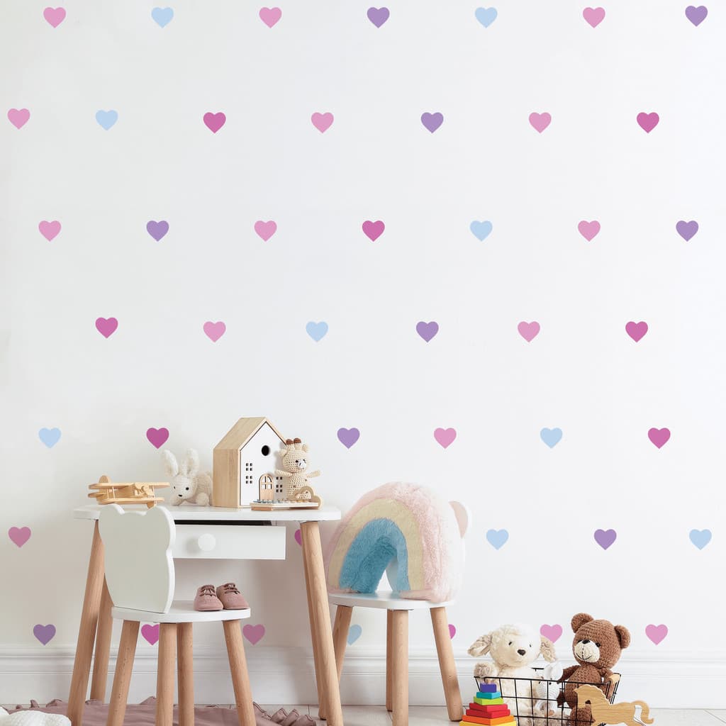 Adesivo de Parede Infantil Corações Tons de Rosa e Azul 45 Unidades
