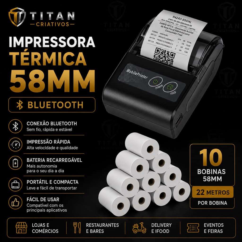 Mini Impressora Bluetooth Termica 58mm Com 10 Bobinas Lisa Fosca