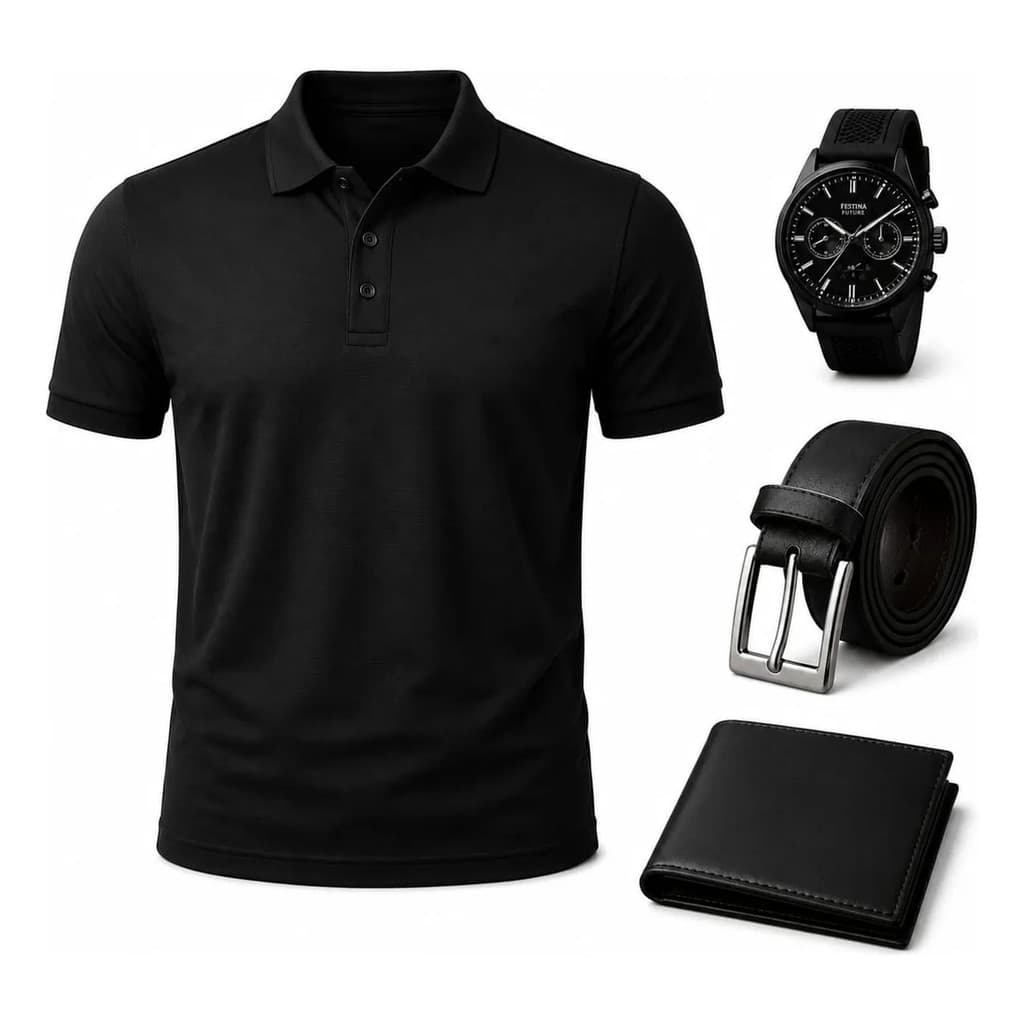 Camiseta Gola Polo + Kit Relogio/cinto/carteira Dia Dos Pais