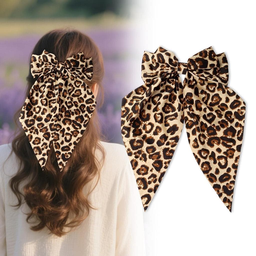 Laço de Cabelo Grande com Estampa de Leopardo, Laço com Estampa de Guepardo e Fita Longa de Cetim com Presilhas para Mul
