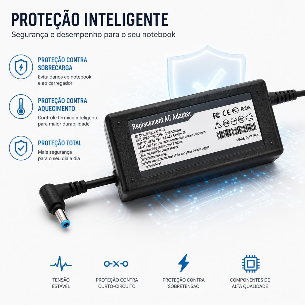 Fonte Carregador Notebook  19V 3.42A 65W Bivolt Compatível Alta Segurança