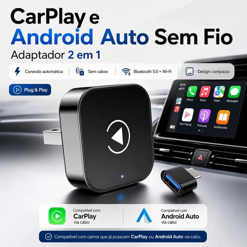 Carplay Adaptador Sem Fio Android Auto 2 Em 1 Usb Wireless Automático (novo, sem lacre)