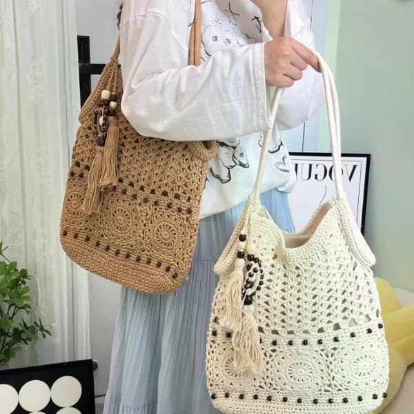 [XKB] Novo estilo à beira-mar praia férias tecido à mão bolsa feminina de um ombro, bolsa de lazer oca de grande capacid