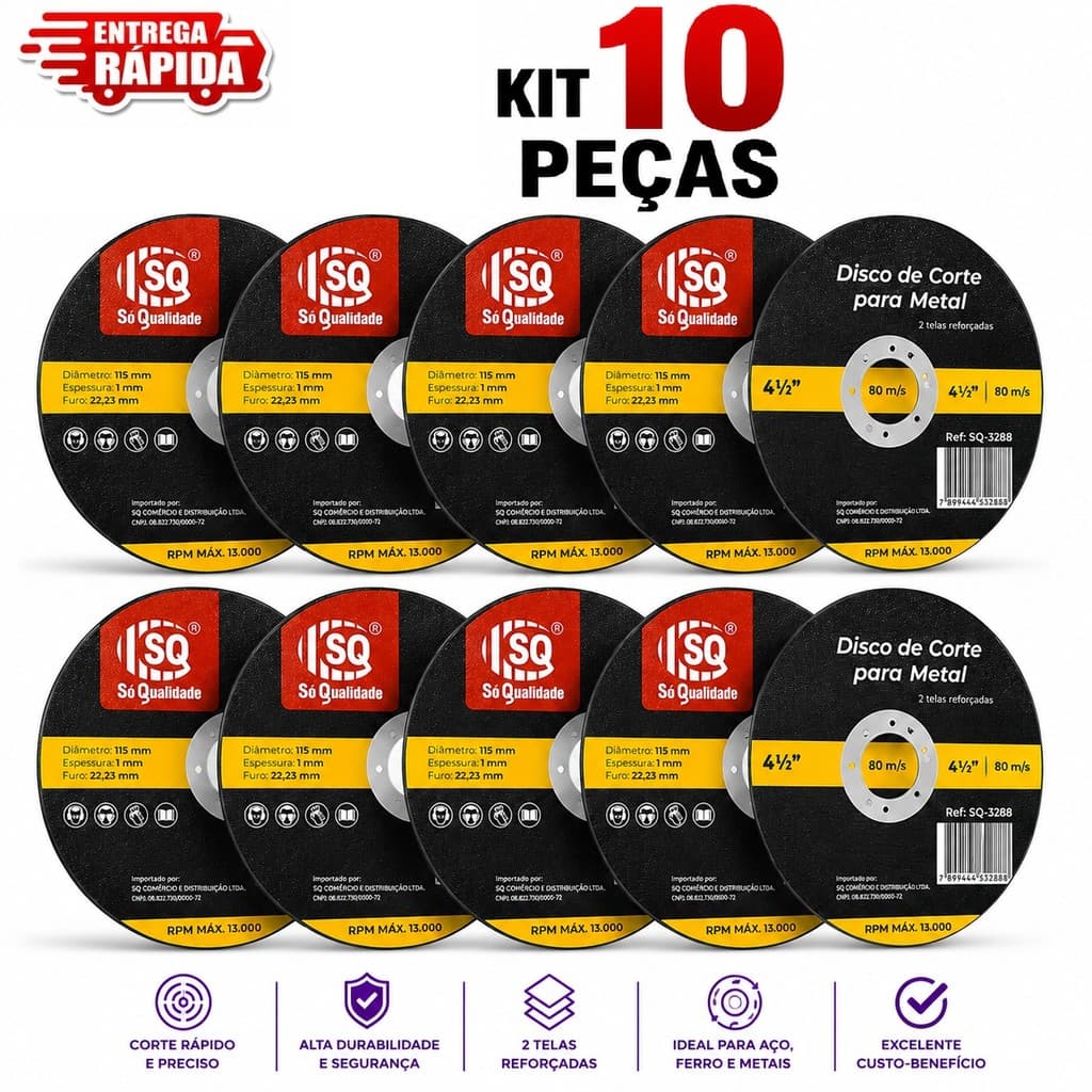 Kit 10/5 peças Disco de Corte 4.1/2 Metal Aço Carbono/Inox 115mm.