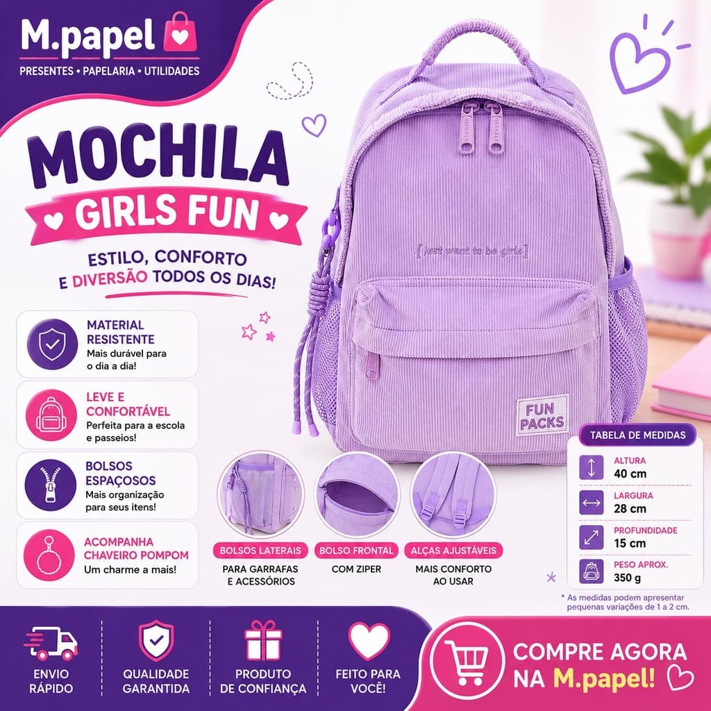 MochilaFeminina canelada FUN PACKS Estilo Juvenil, infantojuvenil. Casual Escolar Trabalho