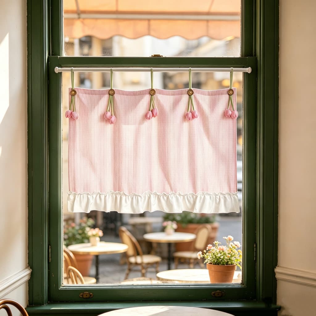 Cortina Curta Listrada Romântica Francesa Para Cozinha Pompom Meia Janela Com Gravata De Tulipa Rosa Armário Superior To