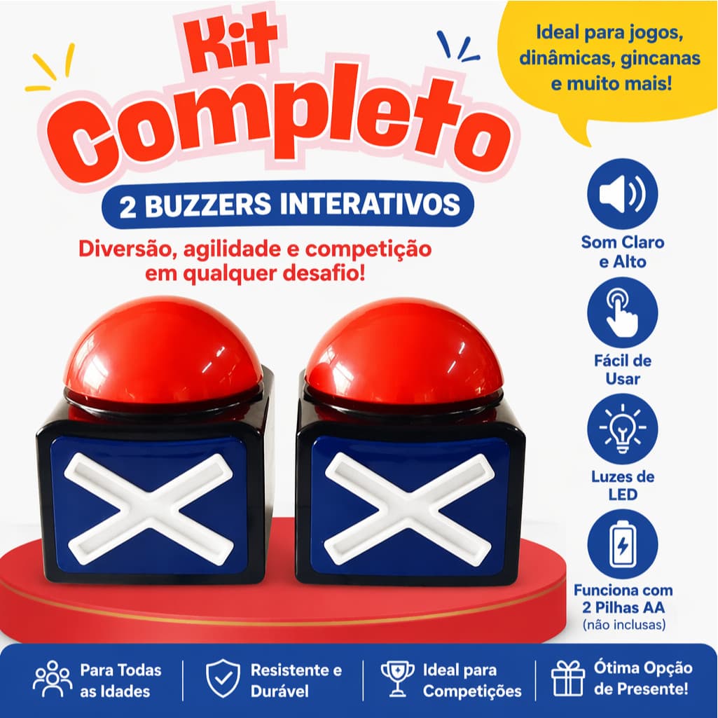 Kit 2 Buzzers  Respostas Interativos c/ Luz & Som – Estilo Passa ou Repassa | Jogos Quiz Família