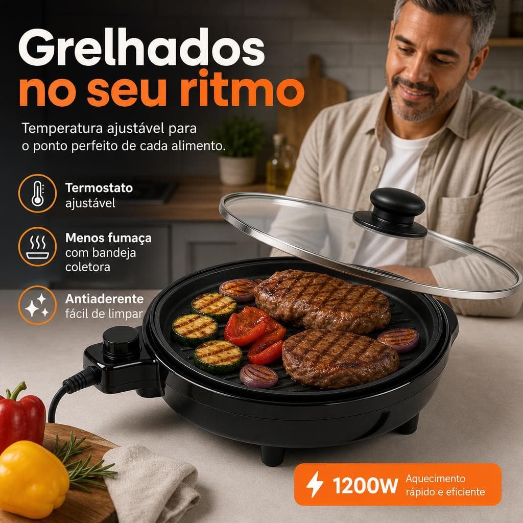 Grill Elétrico Redondo Premium 1200W com Termostato Ajustável 127V - Preto - eletrica churrasqueira