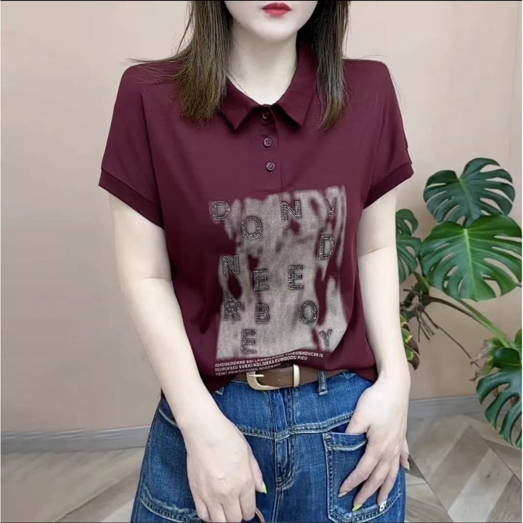 Camiseta feminina estampada com gola POLO de diamante quente de manga curta (gola enrolada) 210g 40 peças 1 x 1 algodão