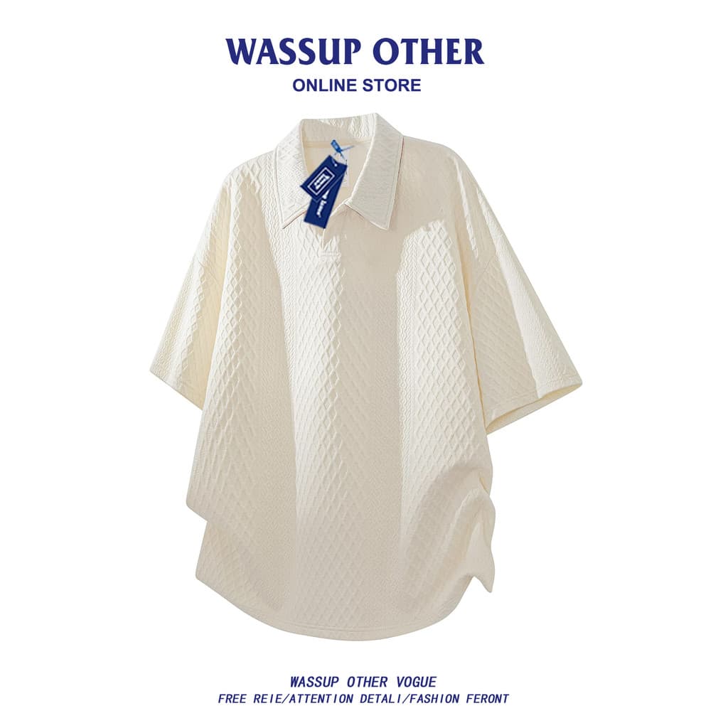 WASSUP OUTRO Camisa POLO Pesada Texturizada Manga Curta Masculina Lapela de Verão Solta Casual Diamante Check Top