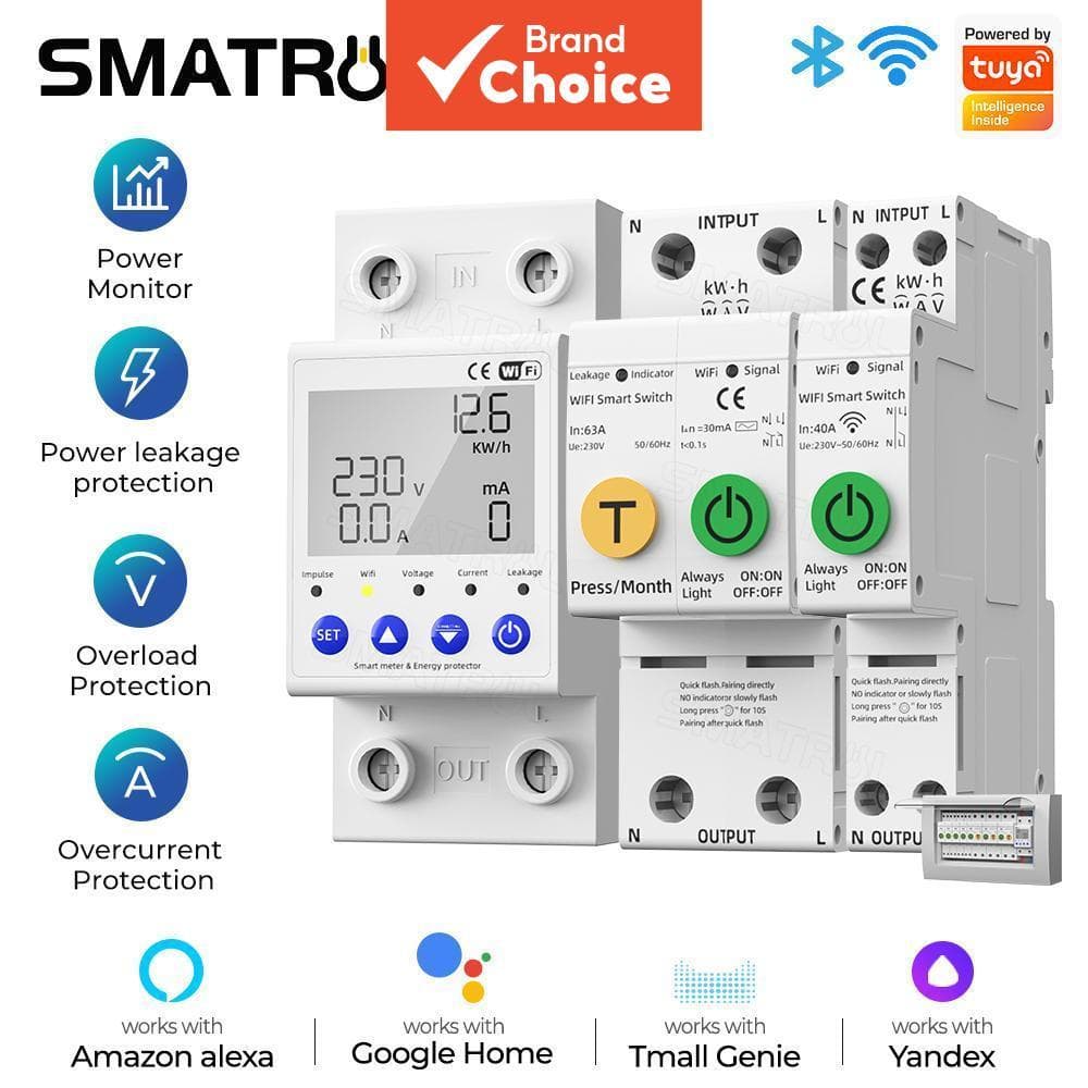 SMATRUL 40/63A Interruptor Inteligente WIFI Medidor de Energia Medidor Kwh Disjuntor Temporizador com proteção de