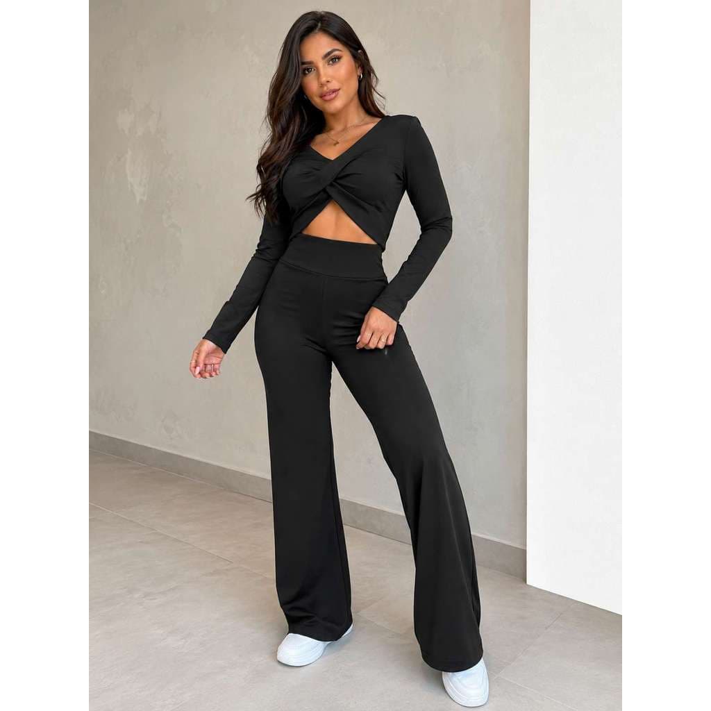 Conjunto Feminino Elegante Cropped Manga Longa e Calça Flare Cintura Alta Moda Casual Premium