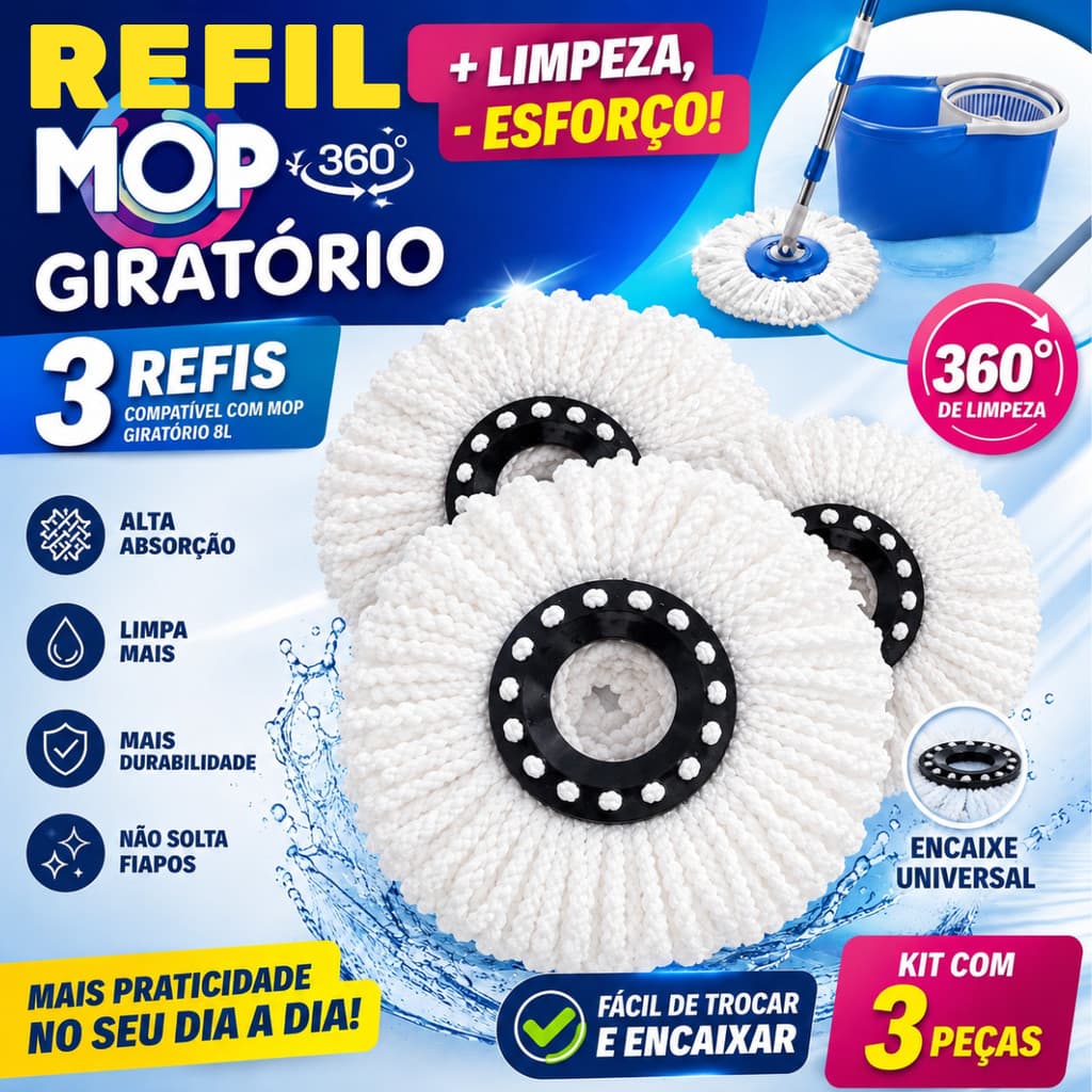 Kit 3 Refil Mop Giratório Balde 8L Microfibra Reposição Clean Tech Limpeza Pisos Profissional