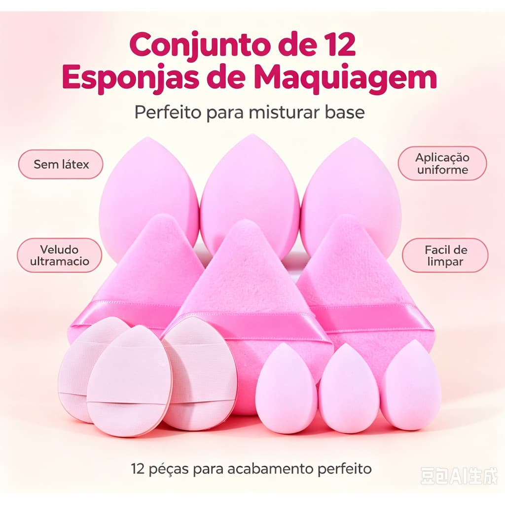 Conjunto de 12 esponjas de maquiagem, ideal para aplicação de base, sem látex, feito de material de veludo ultra macio.