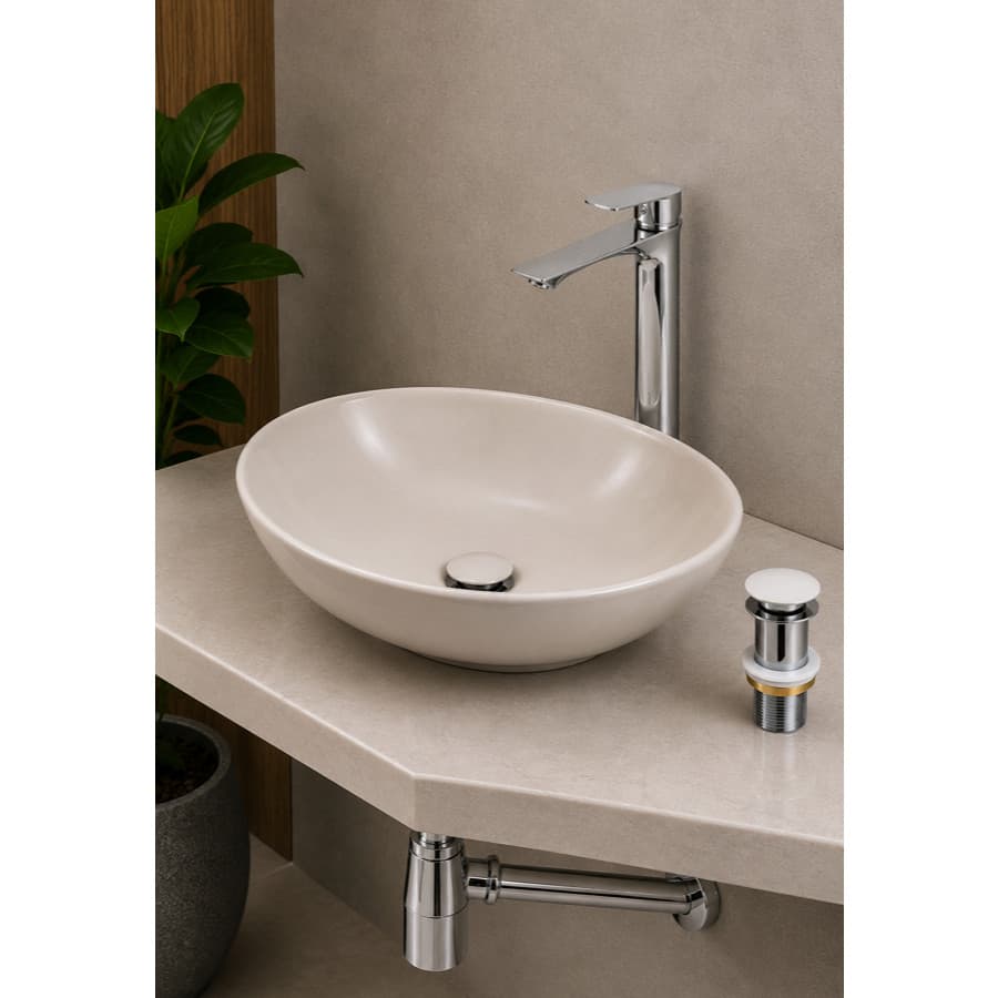 Kit Cuba Cerâmica Apoio Oval 41x33 acompanha Sifão Inox e Válvula Click de ceramica
