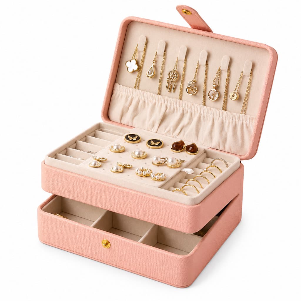 Kit 2 Caixa Organizadora de Joias Rosa Portátil com Divisórias para Anéis Brincos Colares e Acessórios Femininos Luxo