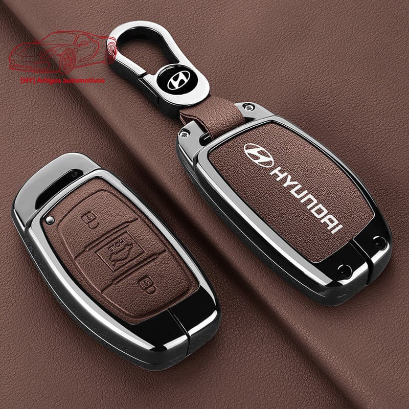 Capa de Chave Remota de Carro em Liga de Zinco e Couro para Hyundai Active Creta 123