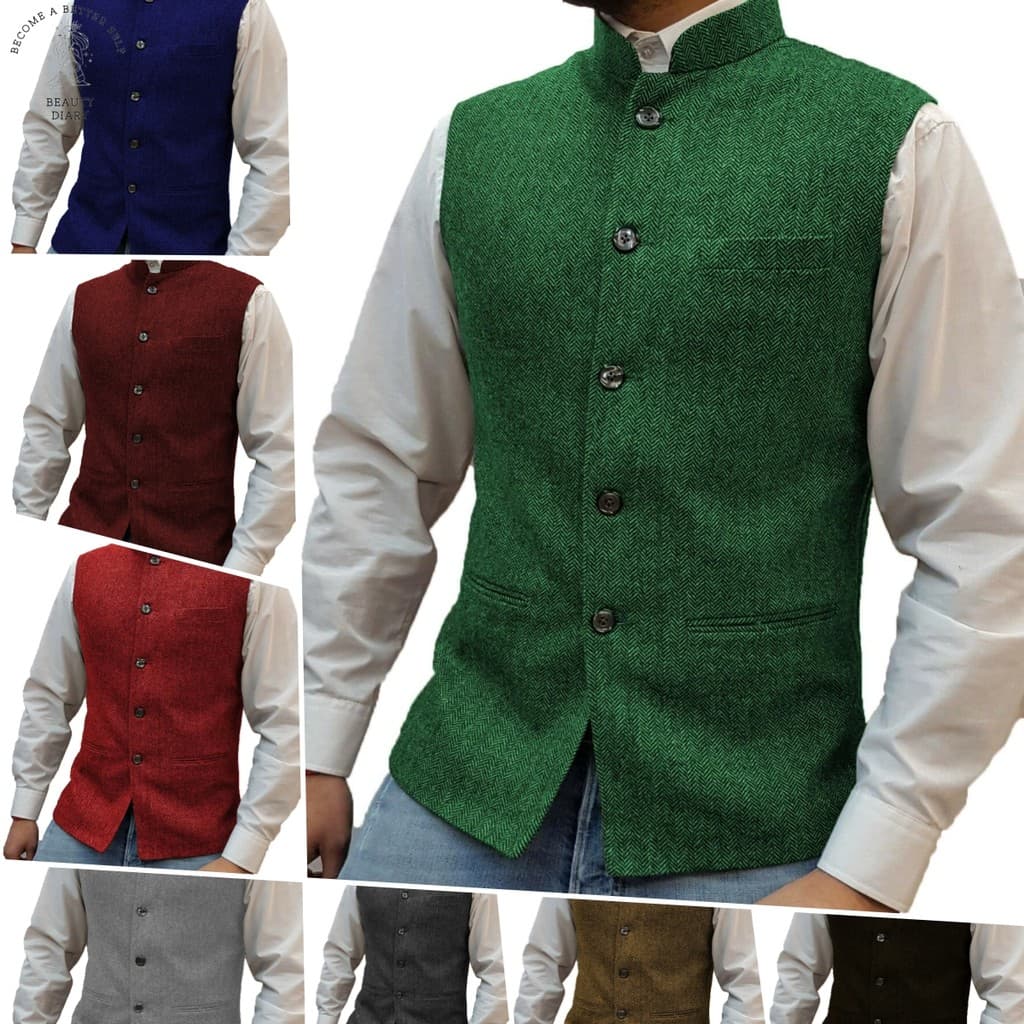 Colete Masculino Com Gola Mandarim Espinha De Peixe , Ajuste Fino , Botão , Sem Mangas , Formal Casual , Gilet