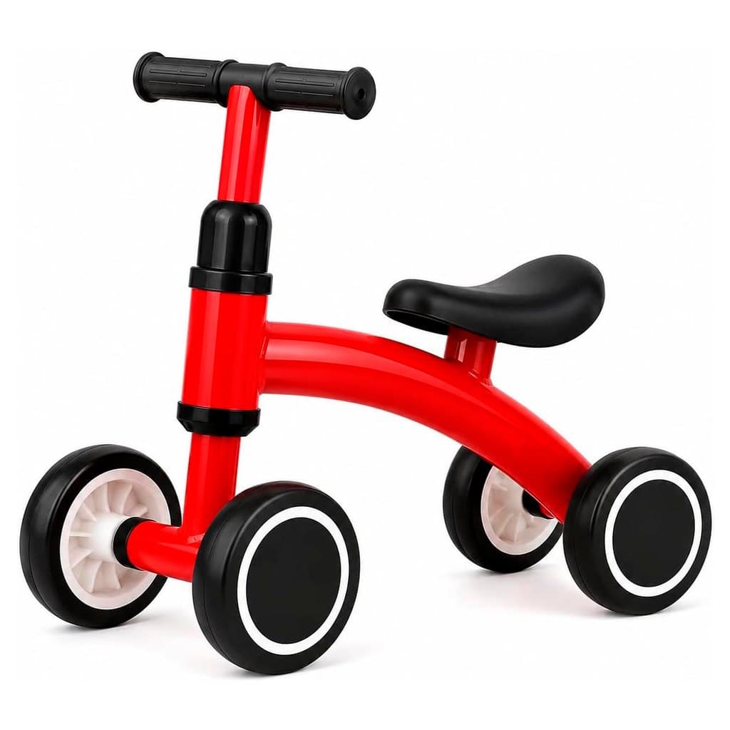 Bicicleta de Equilíbrio Infantil Vermelha Sem Pedal 4 Rodas com Assento Anatômico e Guidão com Limitador de Giro
