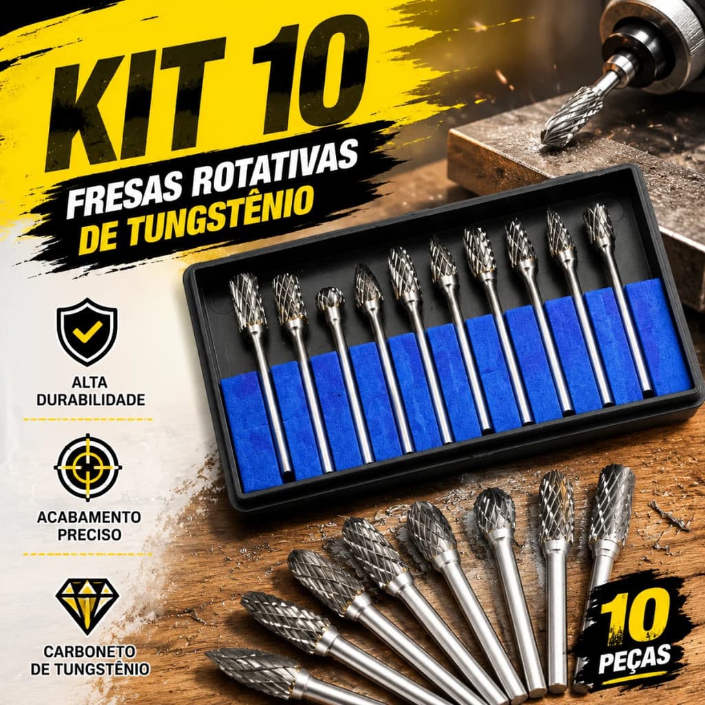 Kit 10 Fresas Rotativas de Tungstênio para Micro Retífica Dremel Madeira Aço Ferro Desbaste