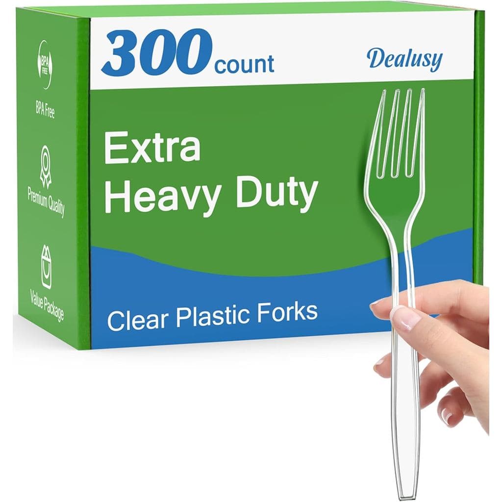 Dealusy 300 Garfos Descartáveis de Plástico Transparente Extra Resistente, Sem BPA, Resistentes ao Calor, Sólidos e Durá