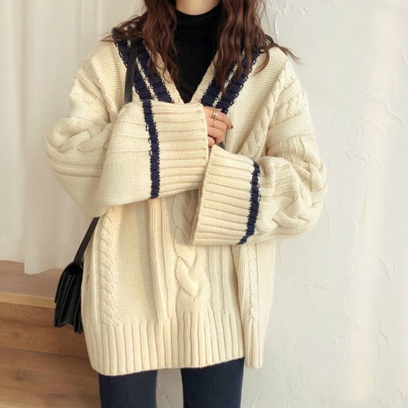Cor combinando engrossado com decote em v camisola feminina estudante outono inverno estilo Preppy versão coreana solta