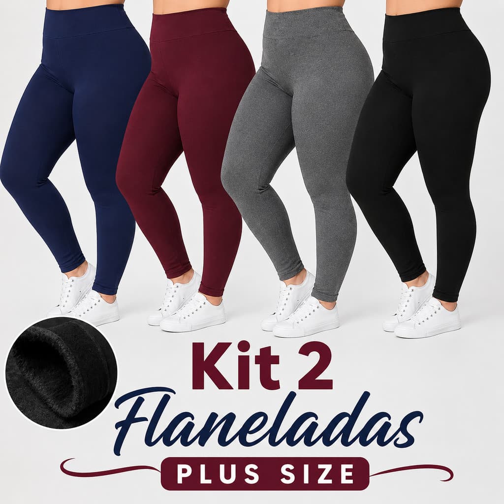 Kit 2 Calças Legging Térmica Flanelada Feminina Cintura Alta Inverno Plus Size