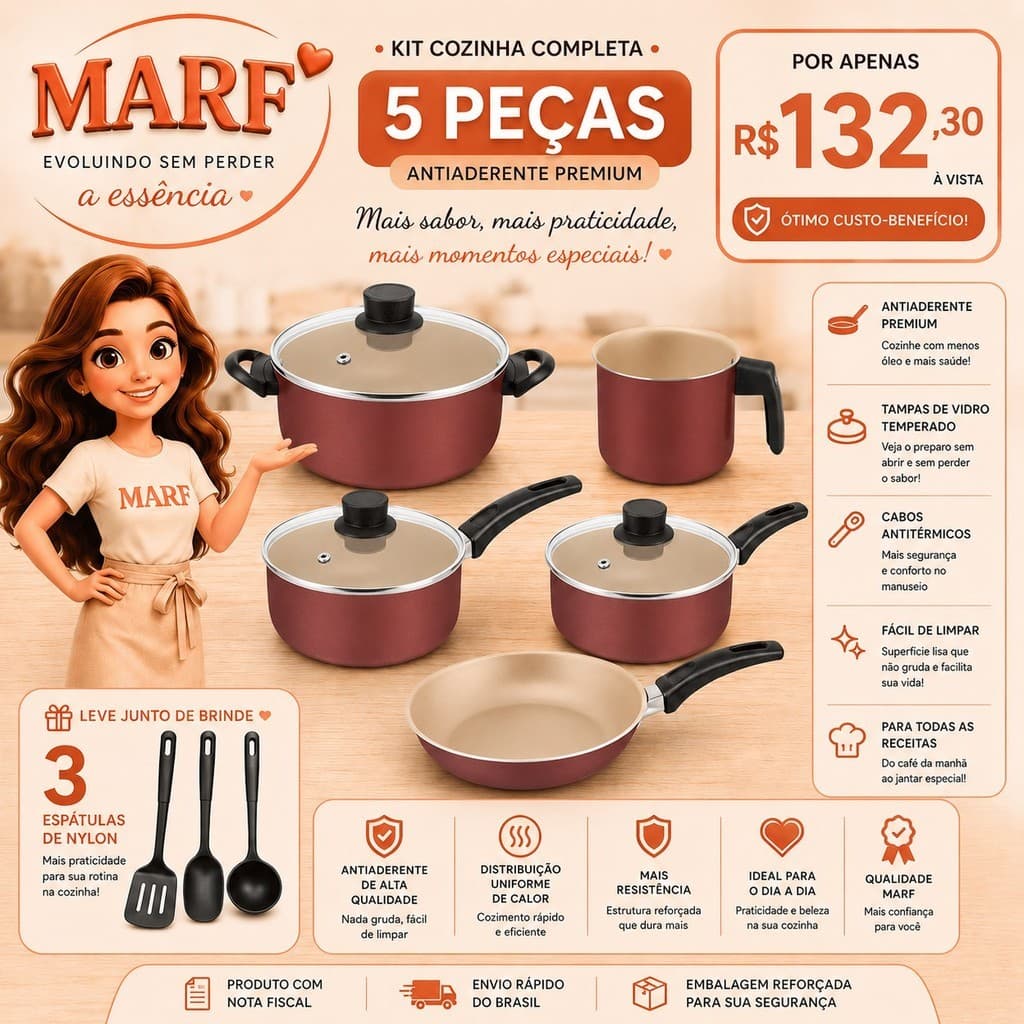 Kit de Panelas Antiaderente Cereja Moderno Teflon Premium 8 Peças 5 Camadas Tampa de Vidro + Kit Talheres – MARF