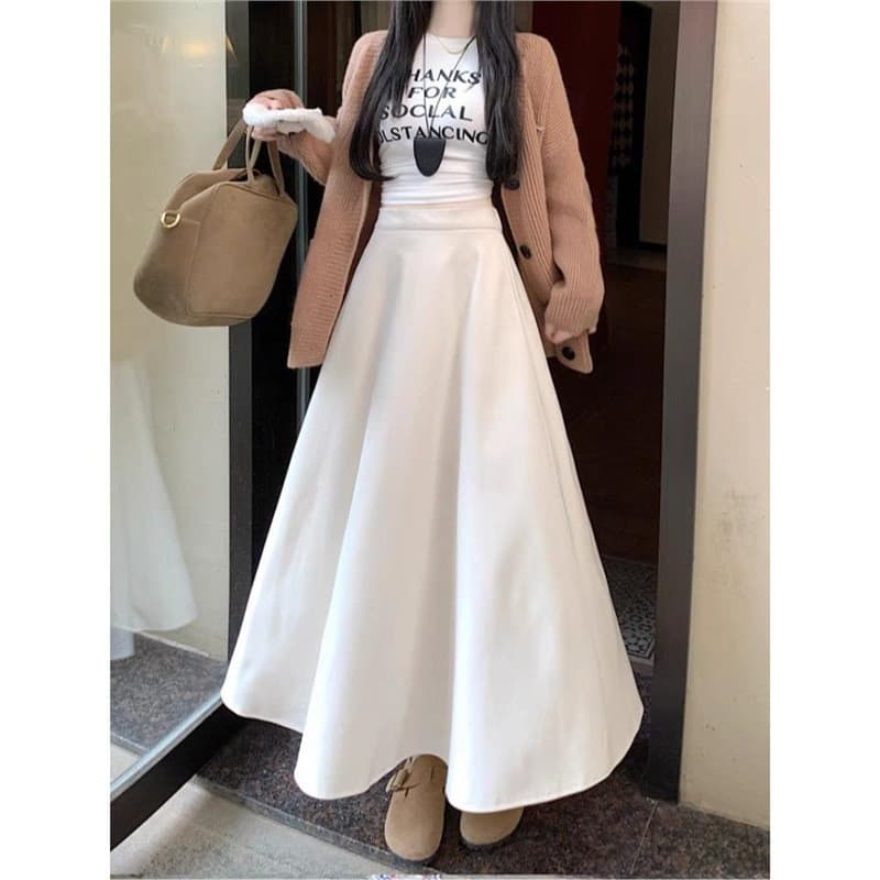 Saia de lã feminina alta a linha saia grande balanço saia elegante guarda-chuva saia de comprimento médio engrossado