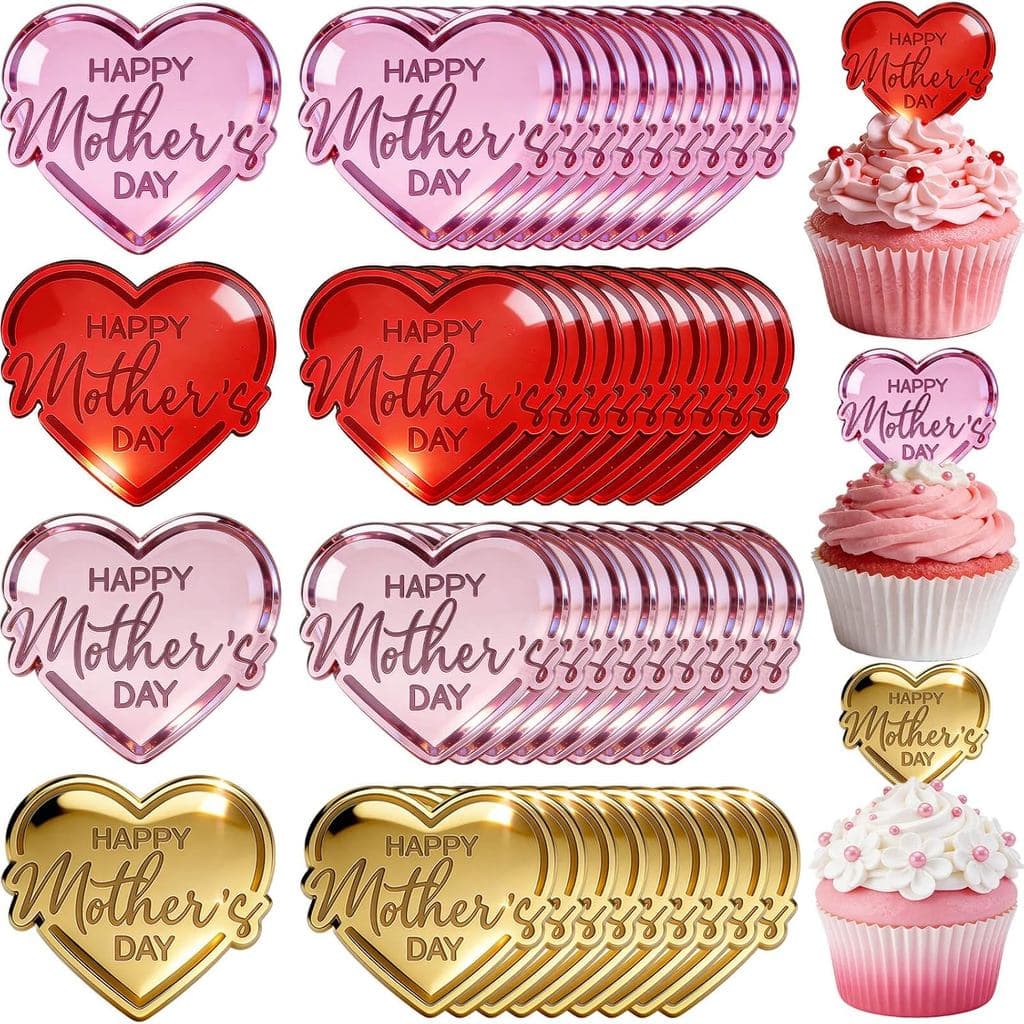 Conjunto de 40 Topos de Bolo para o Dia das Mães - Discos de Acrílico em Forma de Coração para Cupcakes, para Decoração