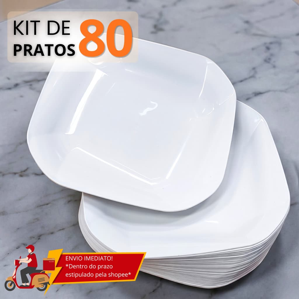 Jogo 80 Pratos Quadrado de Plástico Resistente Modelo Espiral Durável