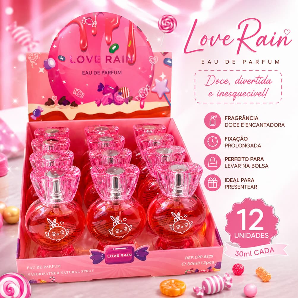 Kit 12 pcs Perfume Love Rain Sweetie Kiki 30ml Feminino Floral Frutal Atacado