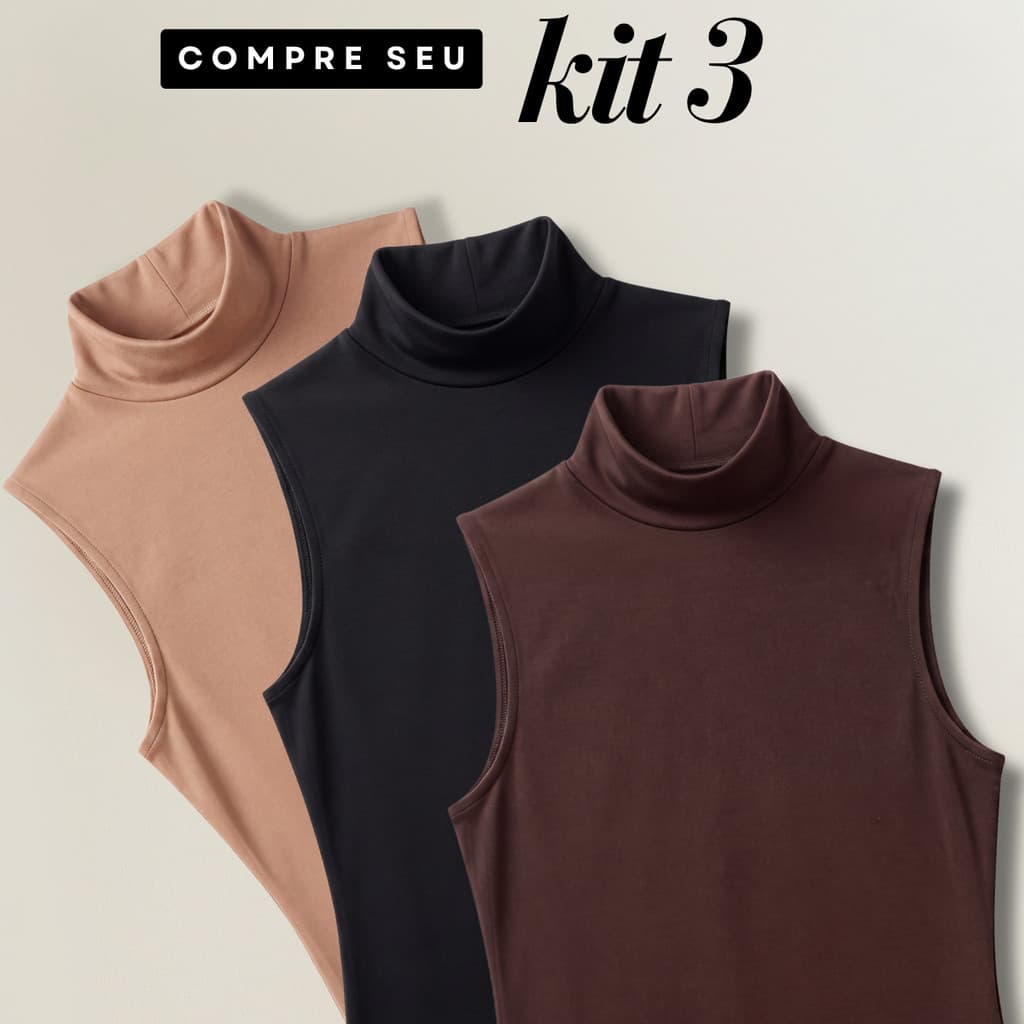 Kit 3 Blusas Regata Feminina Gola Alta Básica Casual Verão