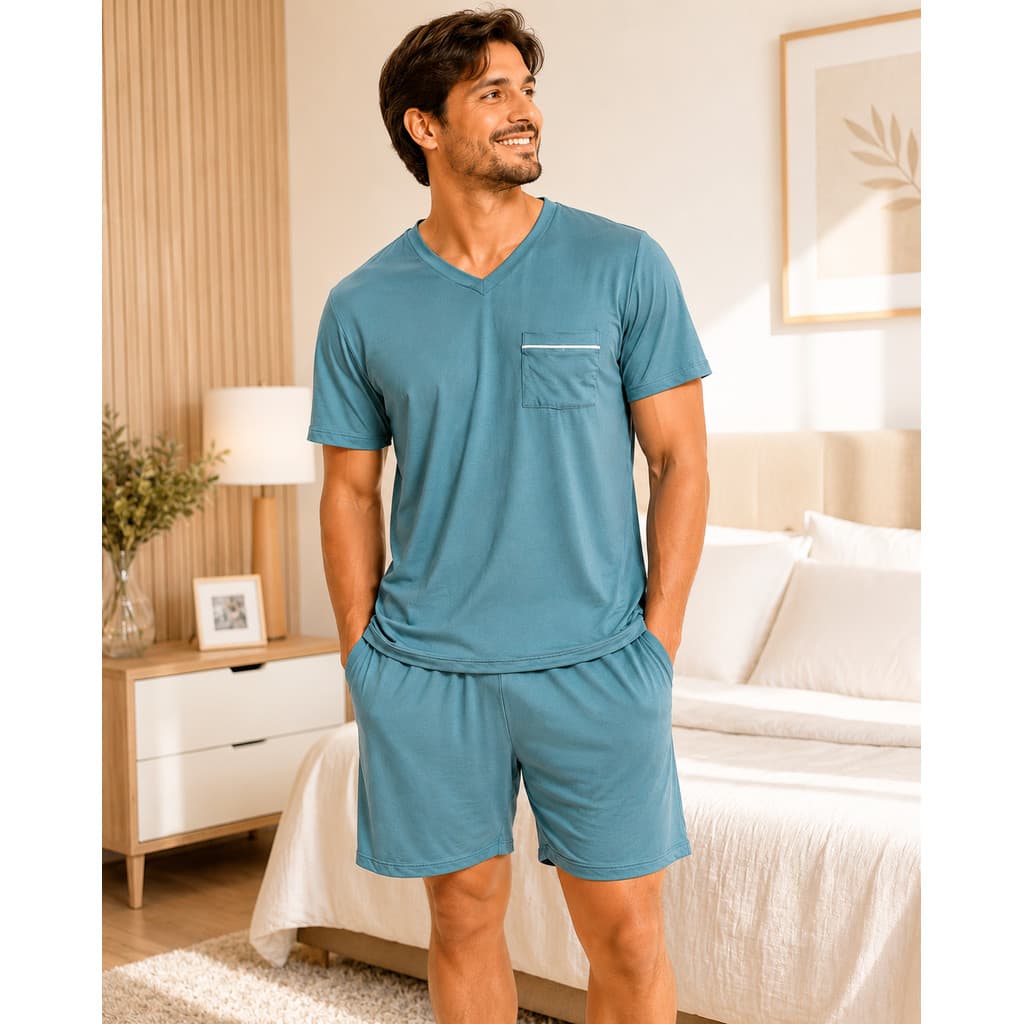 Pijama Masculino Curto Suede Premium Gola V com Bolso  Camiseta e Short Confortável